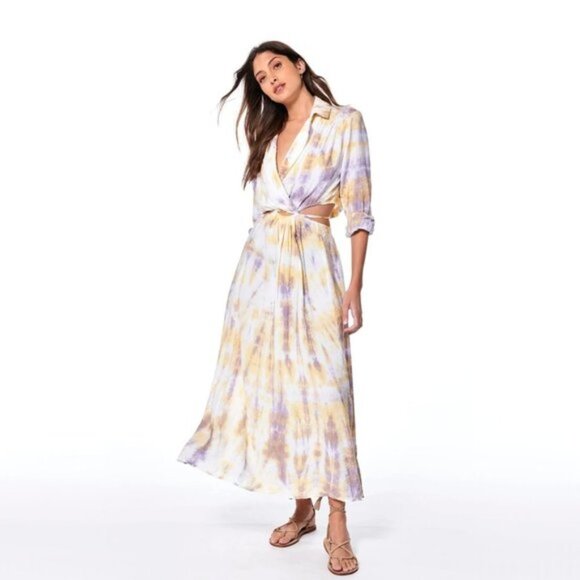 NWT YFB yellow gold and purple tie dye collared cutout wrap front tie sun dress - Picture 2 of 7